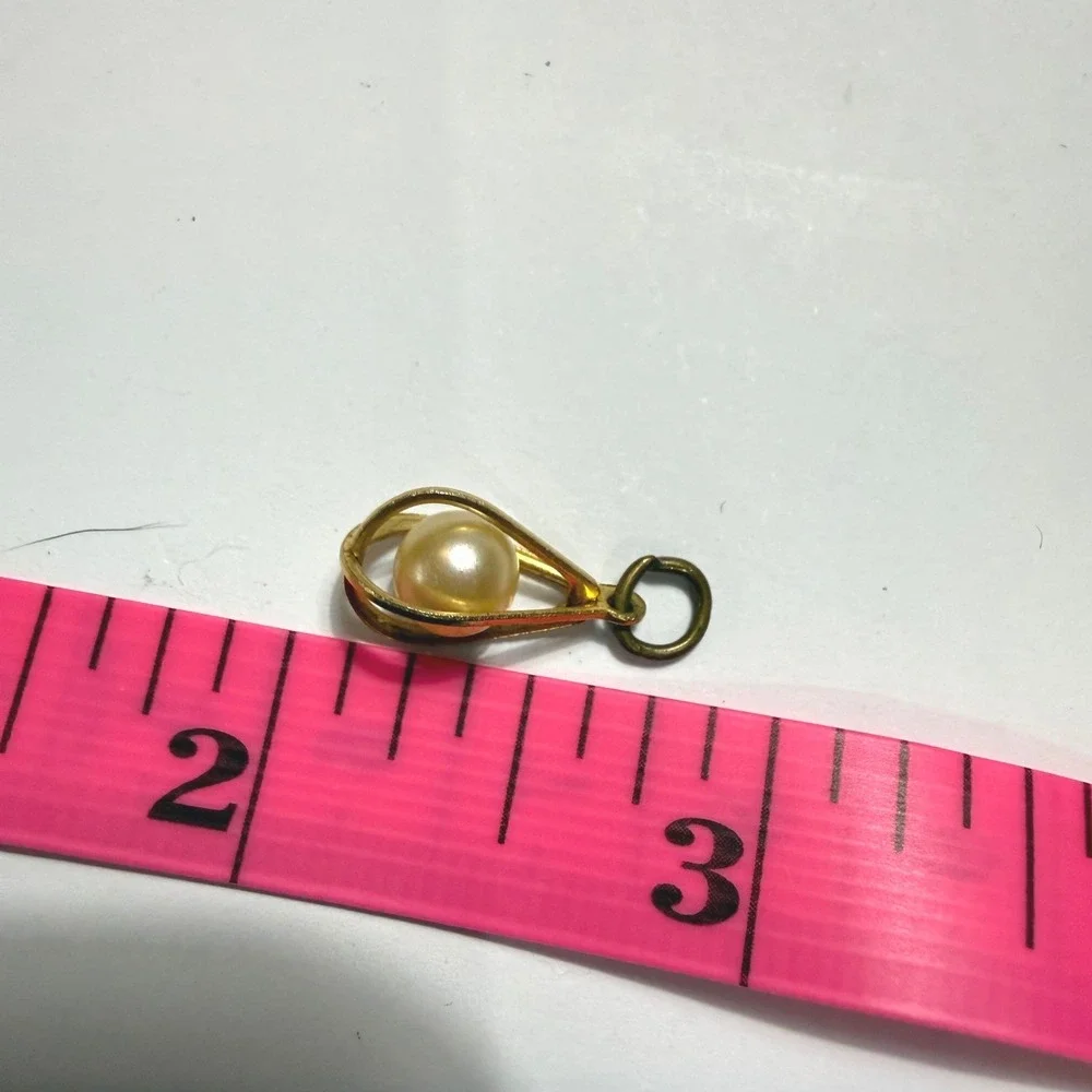 Vintage Gold Tone Faux Pearl Teardrop Cage Pendant Charm Minimalist Dainty